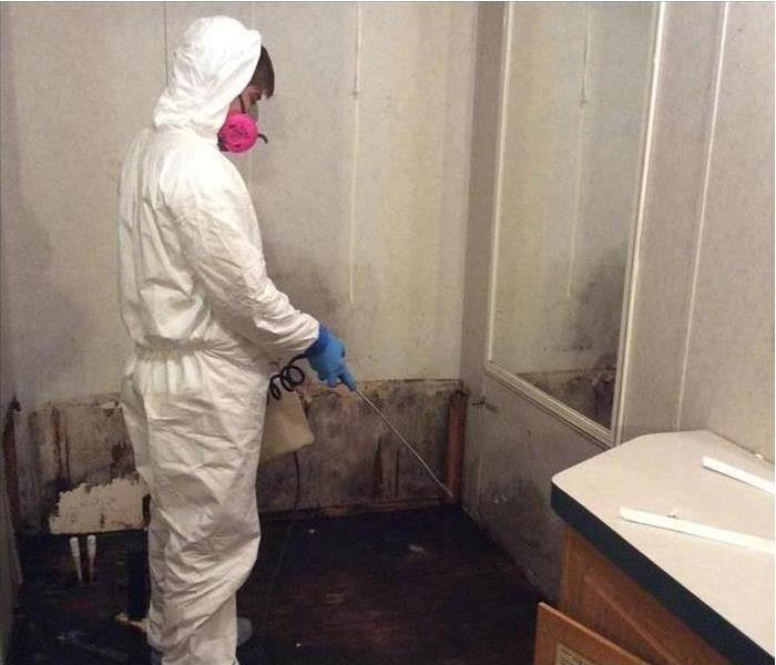 Mold covered room with technician beginning remediation